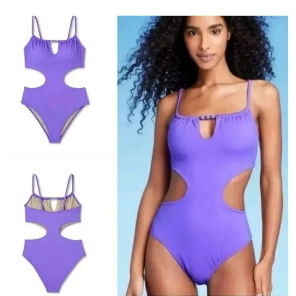 Shade & Shore Women's Beaded Tunneled Front Cut Out 1 Piece Swimsuit L 12-14